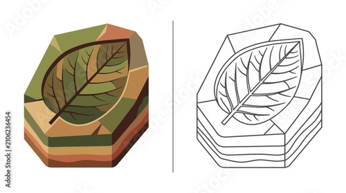 Принти на полотні Fossilized Leaf Imprint in Geological Layers - Color and Outline