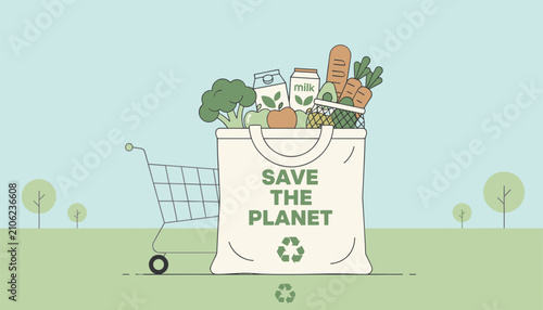 Eco friendly tote bag filled with organic groceries and vegetables promoting save the planet green concept.