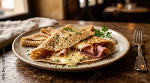 Savory French Buckwheat Crepe with Ham and Melted Cheese.