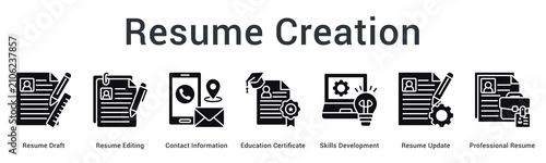 Resume creation banner web icon drafts and edits contact information with education and skills for professional resume.