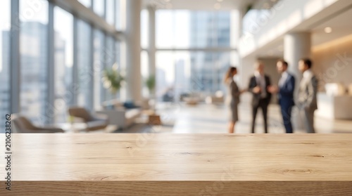 Empty wooden table surface for product display in blurred corporate office lobby with professional business team work.