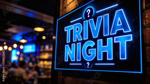 electric blue trivia night sign competitive fun bold typography shallow depth of field nightlife entertainment concept vibrant event poster thrilling game night