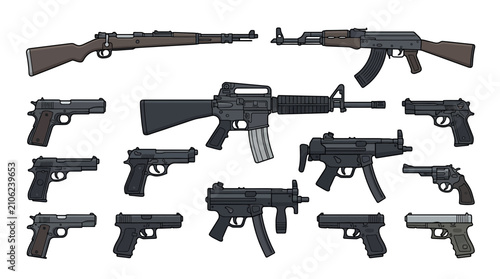 Set of tactical firearms including rifles pistols and submachine guns vector illustration