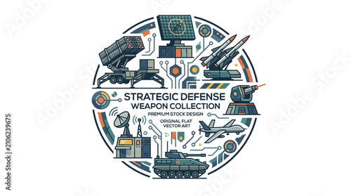 Strategic defense weapon collection with missile systems, radar, and military equipment in flat style