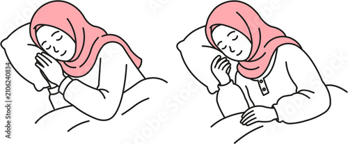 Foto A simple line art illustration of a young Muslim woman wearing a pink hijab sleeping peacefully in bed