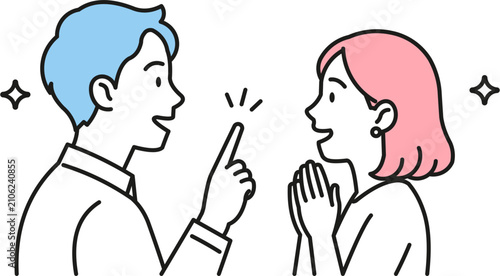 Obraz na plátně Simple line art illustration of a man explaining an idea to an impressed woman