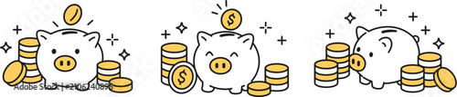 A charming set of three hand drawn piggy bank illustrations with golden coins representing savings and wealth.