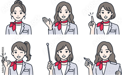 Set of six illustrations of a professional woman in a uniform with various gestures and expressions.