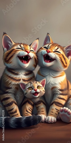 Whimsical cat duo sharing a laugh with a mischievous feline friend, humor, ||feline friends