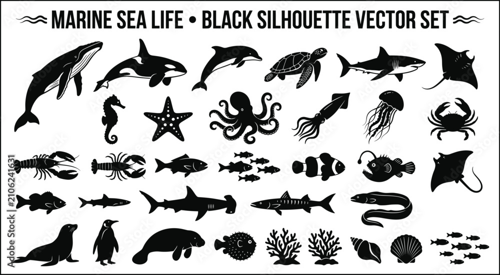 Obraz premium Marine sea life black silhouette vector set featuring whale dolphin shark turtle octopus seahorse jellyfish crab underwater animals isolated on white background
