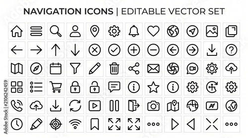 A comprehensive set of modern outline vector icons for navigation and user interface design in digital applications.