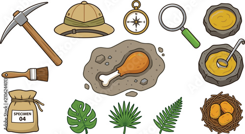 Konstfotografi Paleontology Archaeology Dinosaur Excavation Icon Set with Fried Chicken Fossil,
