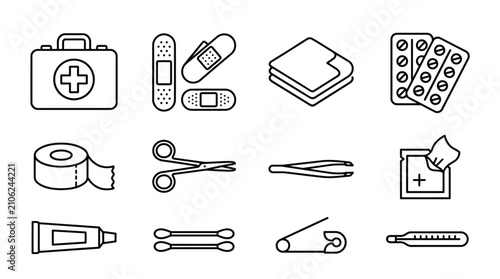 First Aid and Medical Supplies Vector Icons Set