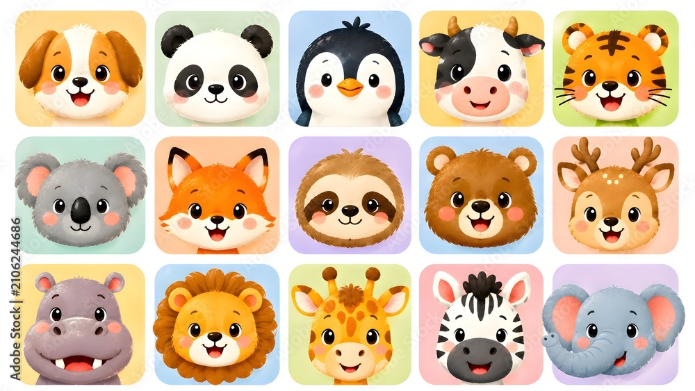 Obraz premium cute animal faces collection with English names vector illustration for kids learning