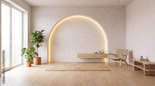 Photos Minimalist Japandi Interior with Illuminated Arch Wall