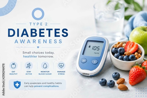 Modern Type 2 Diabetes awareness banner featuring a digital blood glucose meter displaying a healthy reading, fresh fruits, almonds, water, and wellness icons