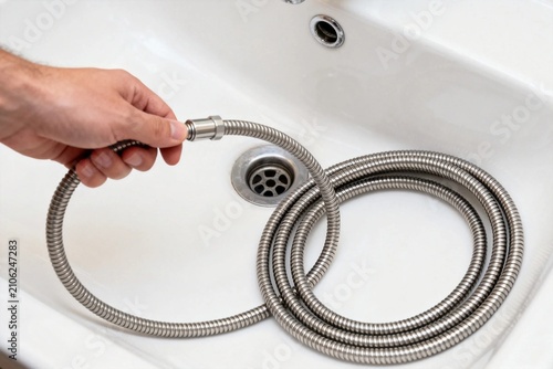 Hand Holding Flexible Metal Hose in White Sink