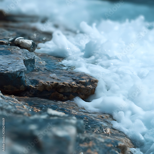 Ocean waves crashing against rocky shoreline detailed photo
