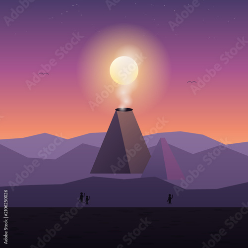 Volcanic Sunrise Landscape with Smoking Crater and Mountain Silhouettes