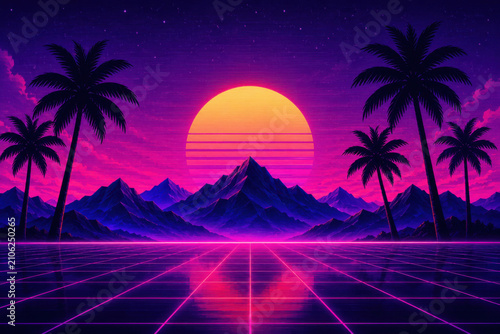 Retro pixel art landscape with palm trees at sunset and neon horizon