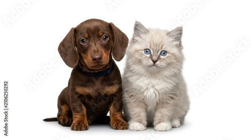 Cute brown dachshund puppy and fluffy white kitten sitting together looking at the camera as best friends studio shot isolated on white background