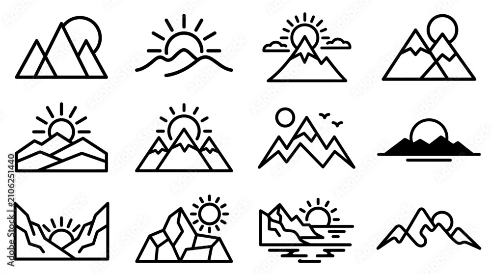 Fototapeta premium Mountain sunrise landscape icons set.