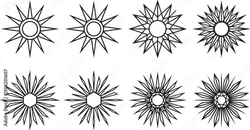 Obraz premium Geometric sunburst and star rays icon doodle line art vector set