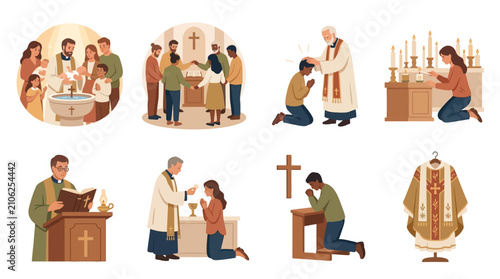 Religious ceremonies and clergy activities are depicted through a series of illustrations showing baptism, communal prayer, confession, and the sacred vestments worn by priests during holy services.