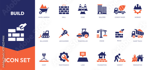 Set of build solid icon. Crane, building, land, maintenance, and more.