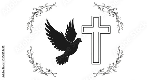 Bild auf Leinwand Symbolic illustration featuring a dove a cross and decorative leafy branches rep