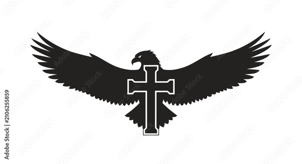 Fototapeta premium Silhouette of a majestic eagle with outstretched wings featuring a christian cross at its center symbolizing faith and freedom in a bold black design