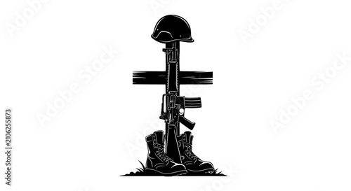 Military helmet boots and rifle standing upright with a cross shaped wooden sign in the background symbolizing remembrance and sacrifice in a monochrome style