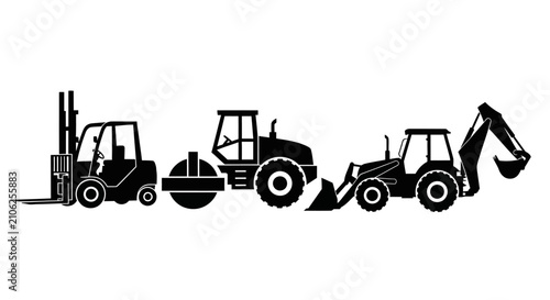 Obraz na płótnie Silhouette of construction machinery and equipment including forklift compactor