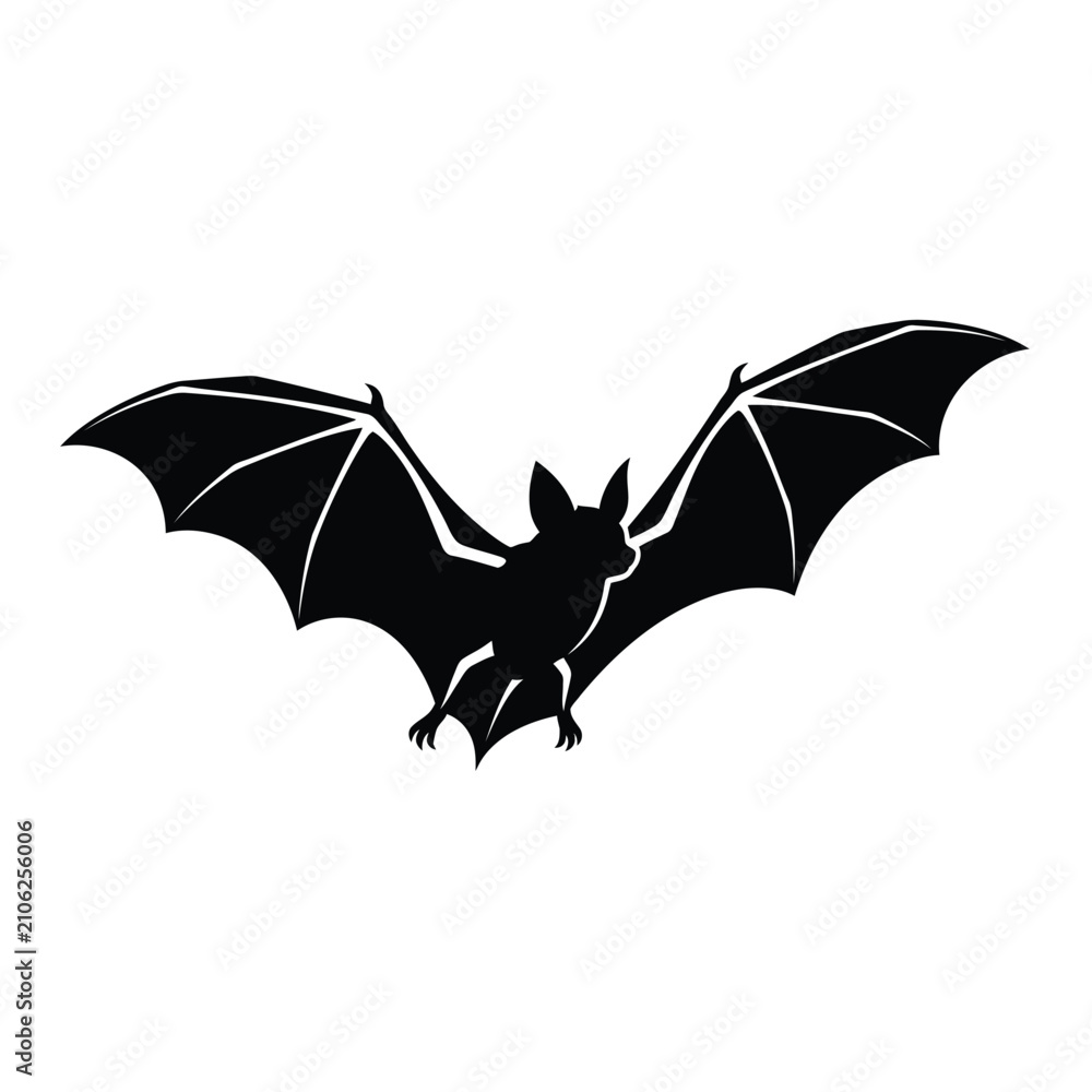 Fototapeta premium Black silhouette of a flying bat with spread wings isolated graphic for halloween design projects Vector