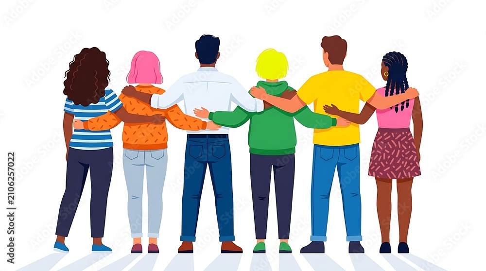 Fototapeta premium Diverse group of young people standing together in a row with arms around each other as a symbol of unity, friendship, and inclusion