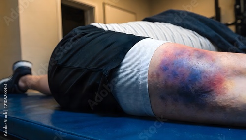 Close up of bruised posterior thigh, hamstring muscle injury and contusion, first aid and pain care context
