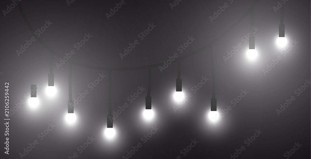 Obraz premium Glowing New Year light bulbs garland banner with foggy smoke effect