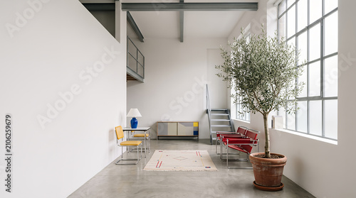 Minimalist loft interior with red modernist chairs and potted olive tree