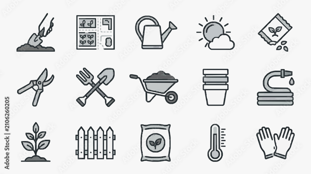 Fototapeta premium Professional Monochromatic Line Drawing Icons Set Featuring Gardening Tools Planting Weather and Safety Gear