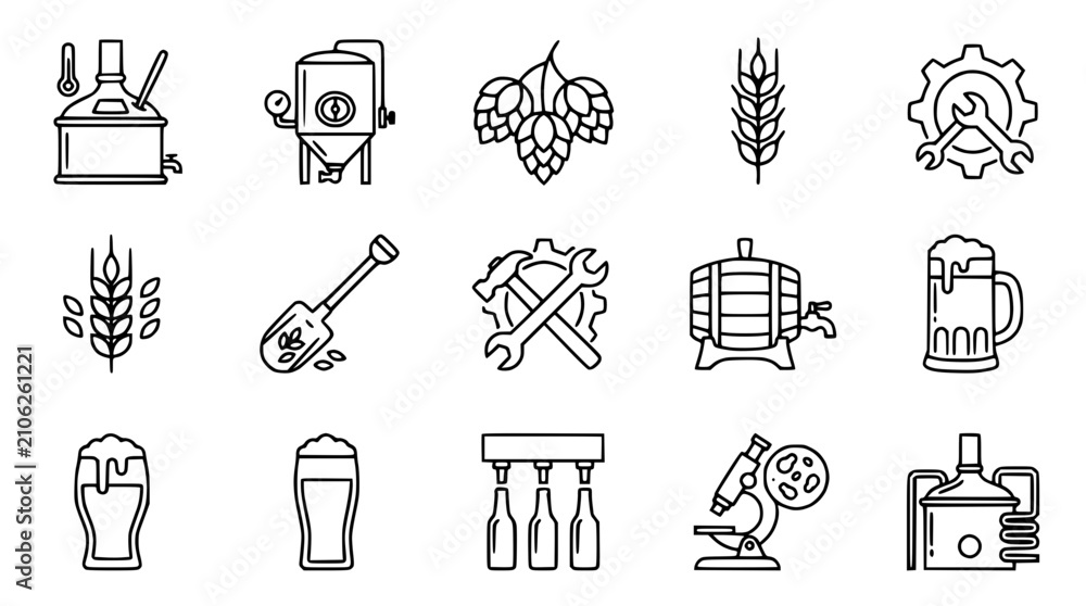 Fototapeta premium Craft Beer Brewing Icons: Hops, Barley, Barrel, Equipment, Microscope, Bottles