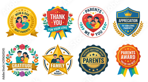 Family emblem collection showcases diverse parents and children designs featuring gratitude awards and congratulatory medals that symbolize the importance of honoring motherhood and fatherhood roles.