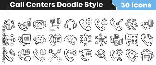 Set of thirty hand drawn call center service doodle icons