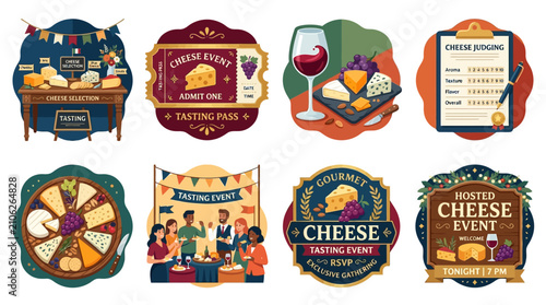 Cheese tasting event elements feature decorative badges with wine pairings and social gatherings to provide a professional visual toolkit for hosting food and beverage marketing campaigns today.