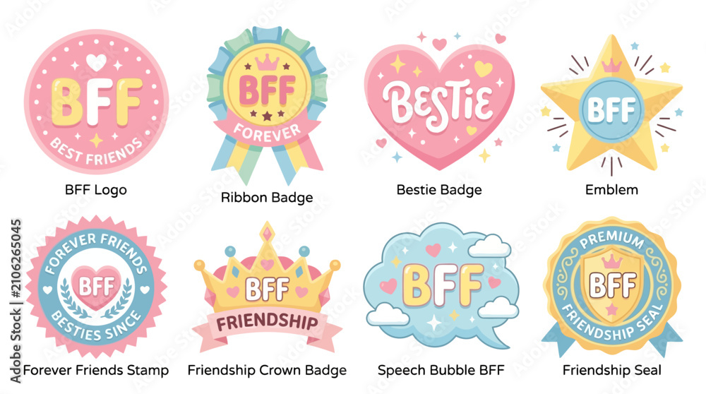 Obraz premium BFF badges and friendship emblems feature colorful designs with hearts and ribbons to celebrate social bonds, loyalty, and affection between best friends in a whimsical and decorative graphic style.