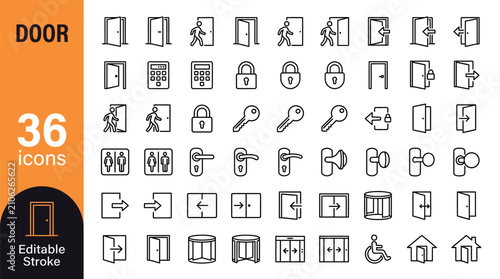 Door Line Icon Set – 36 Editable Stroke Vector for Architecture, Access, Security, and Design Projects