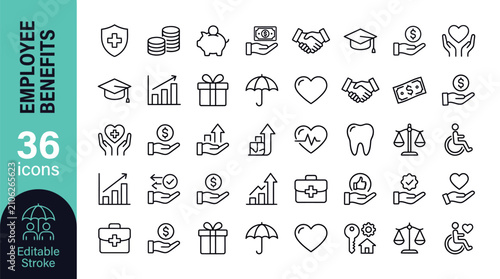 Tableau sur toile 36 employee benefits line icons with editable stroke for HR, workplace, and incentive design projects