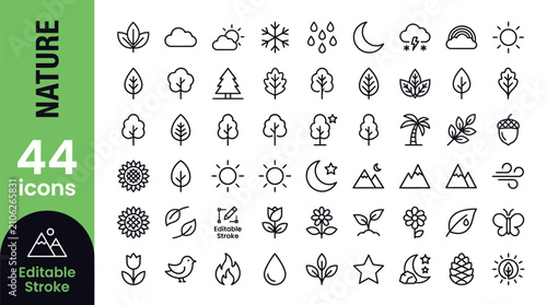 Canvastavla 44 nature line icons with editable stroke for environment, ecology, and outdoor design projects