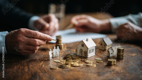 Real Estate Investment Negotiation with Miniature Houses, Coins, and Business Hands in a Collaborative Meeting to Discuss Property Transactions and Financial Gains