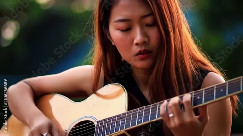 A young woman plays a beautiful melody on her acoustic guitar