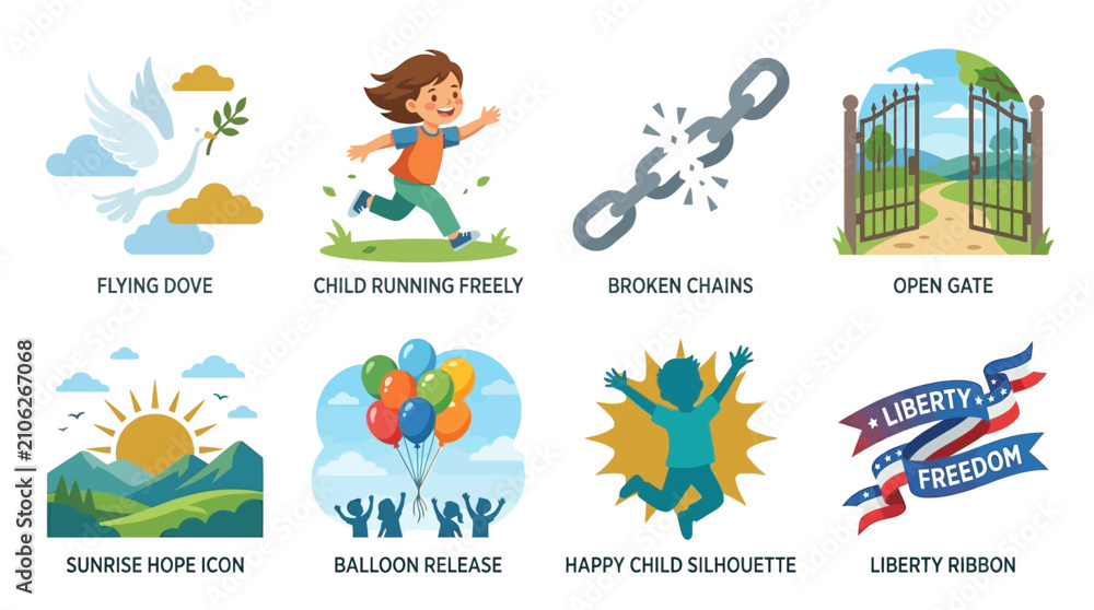 Fototapeta premium Freedom symbols feature a white dove, a running child, broken metal chains, an open gate, a golden sunrise, a colorful balloon release, a happy person silhouette, and a liberty ribbon banner.